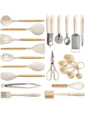 22-Piece Cooking Utensils Set with Wood Handles, Non-Stick Kitchen Tools, Cream